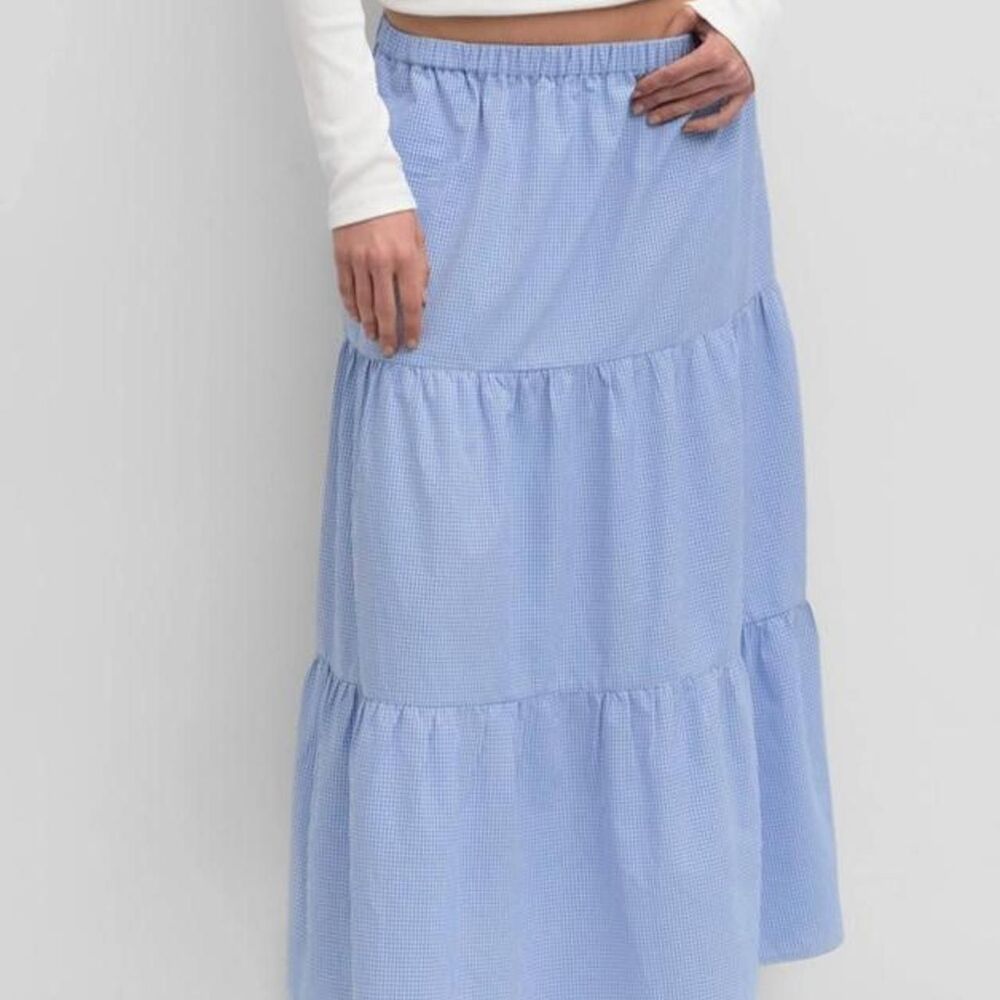 Mod Ref Emilie Tiered Blue Gingham Midi Skirt Size Small